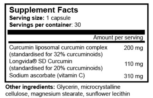 LPS-Curcumin with Longvida from Proteus Nutrition ingredients list