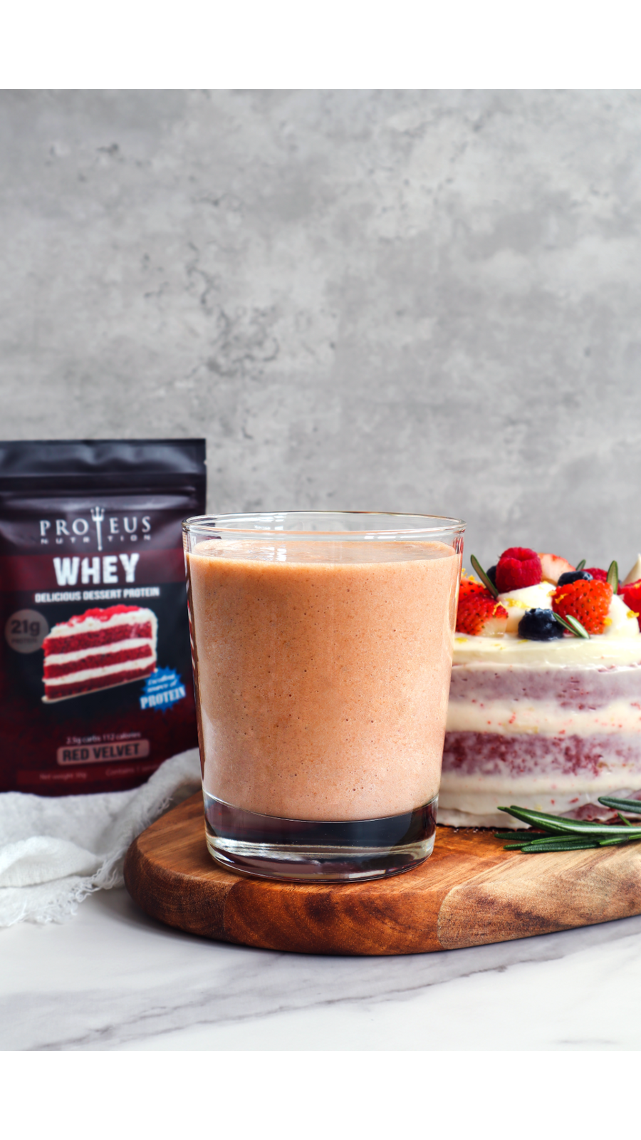 Creamy and Smooth Texture of Red Velvet Cake Whey Protein Shake by Proteus Nutrition