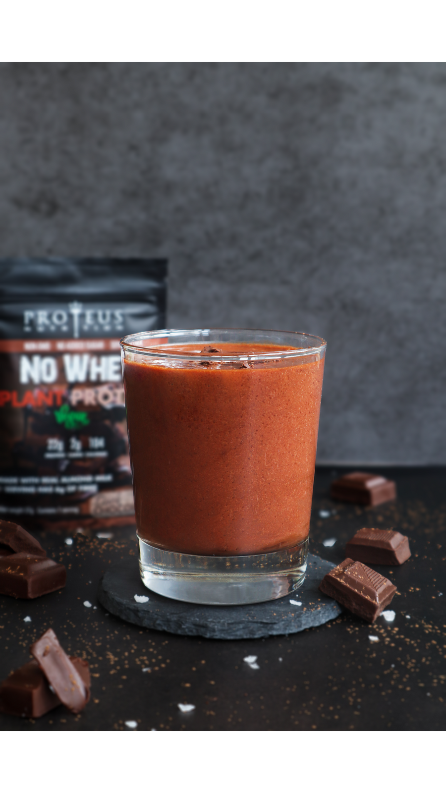 Creamy and Smooth Texture of Dark Chocolate Vegan No-Whey Protein Shake by Proteus Nutrition