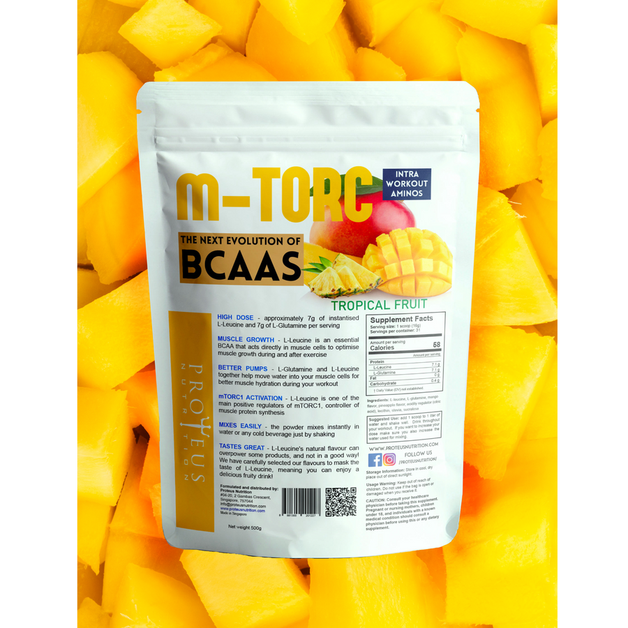 Fruity esssence of mango, pineapple and peach in Bcaa, delicious and healthy! Tropical Fruit m-TORC by Proteus Nutrition
